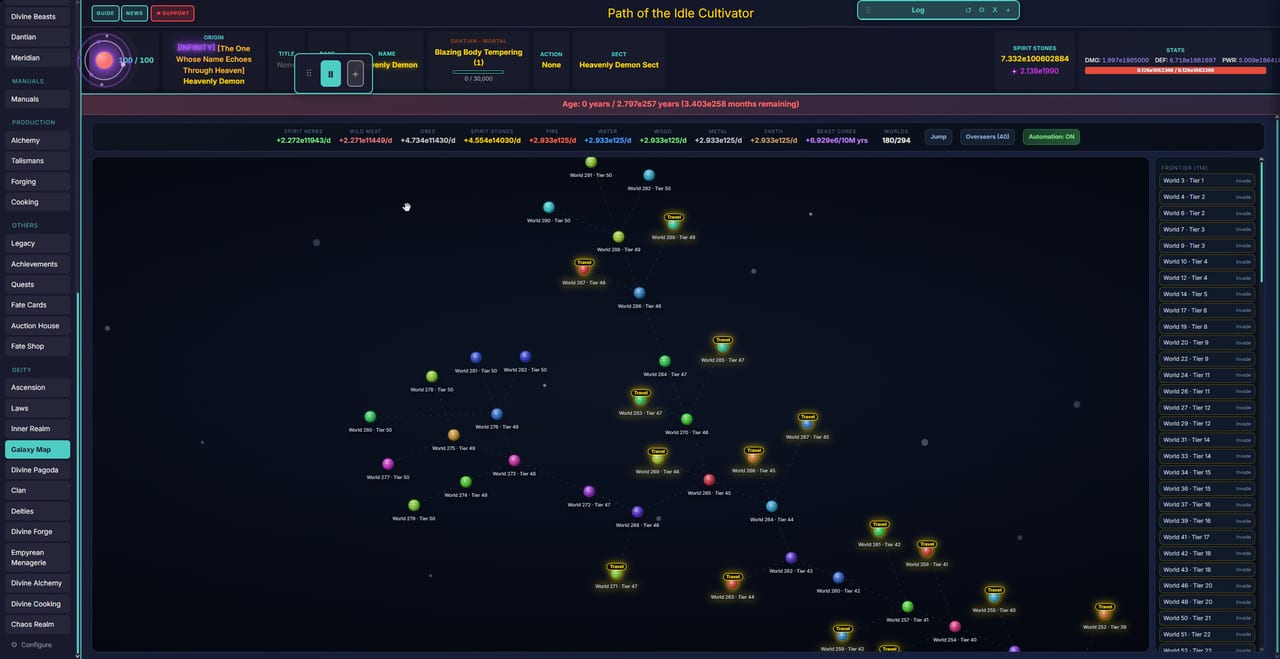 Galaxy Map in Path of the Idle Cultivator, showing linked worlds, travel nodes, and resource ticks across the idle xianxia campaign
