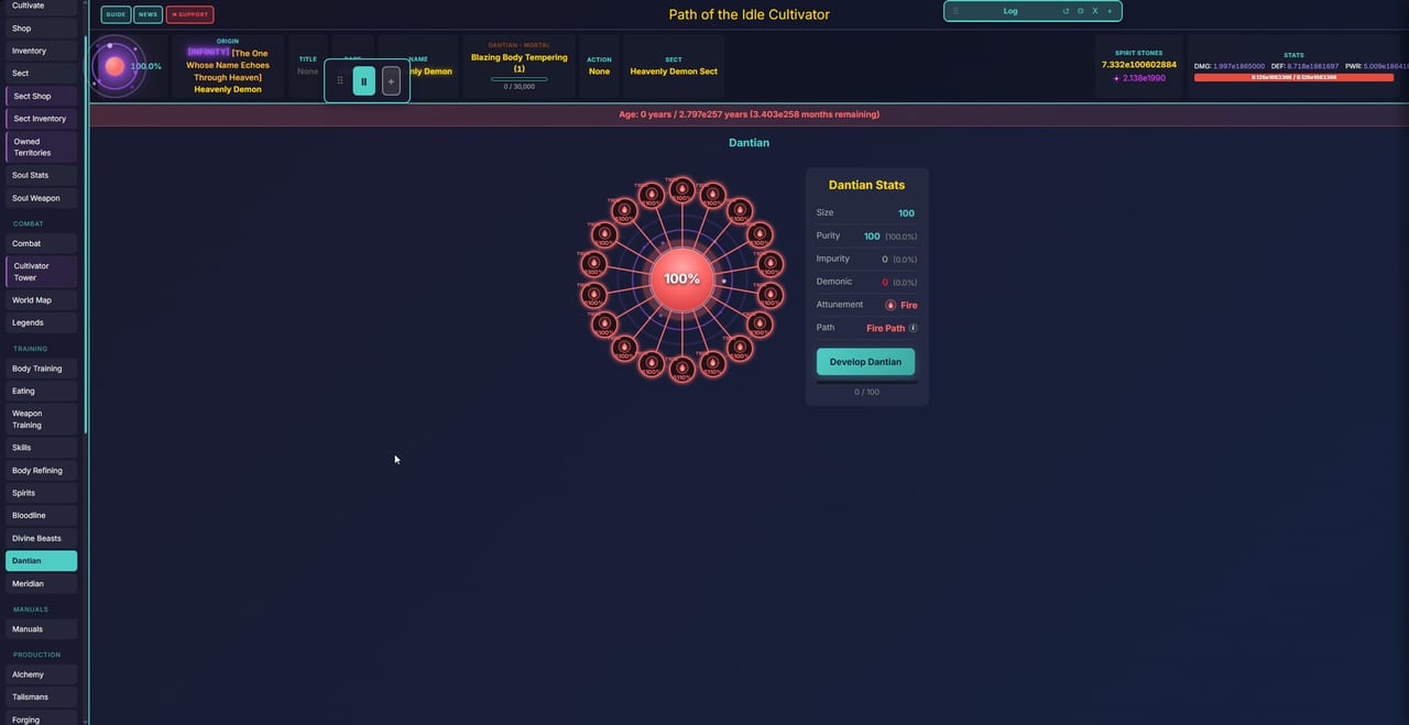 Dantian screen in Path of the Idle Cultivator with meridian ring, purity, impurity, demonic, and Fire attunement stats